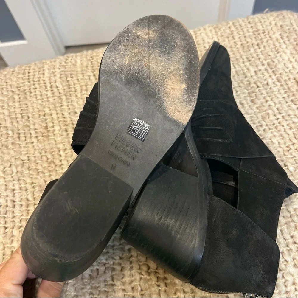 Eileen Fisher Womens‎ Walt Cross Strap Bootie Cutout Sides Stacked Black Size 9